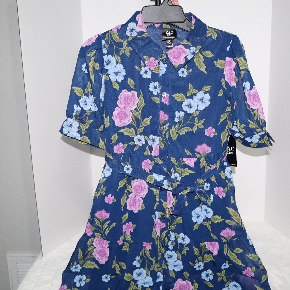 Girls Midi Navy Dress Size Medium (7-8) Floral Print Zac Kids